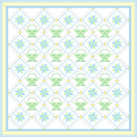 Traditional on point Basket Quilt design in mainly blue and green. 6 inch Inklingo Basket Blocks alternated with 4.5 inch LeMoyne Star Blocks with an added border of 0.75 inch HST's. On point layout with 0.75 inch sashing and corner stones.