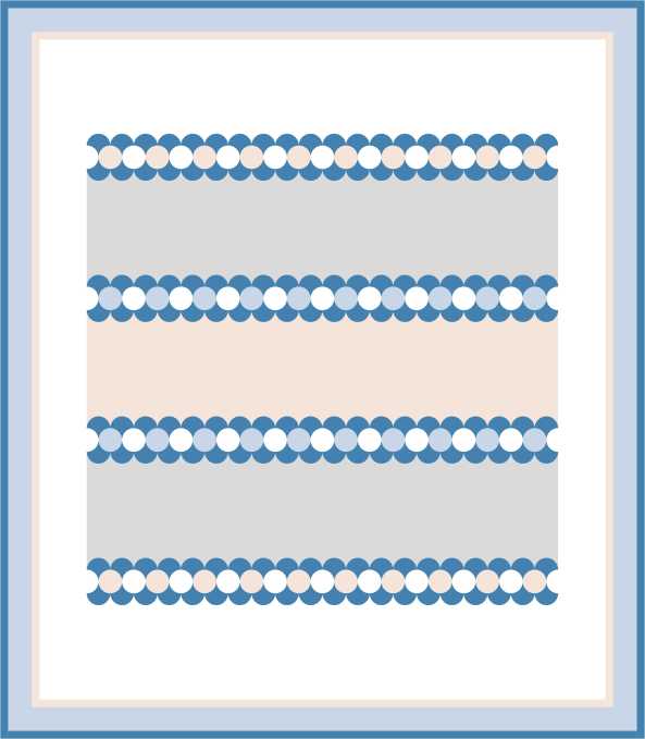 Eenvoudige Horizontal Strip Quilt met Clamshells, variatie 3. De rijen clamshells zijn hier tegen elkaar in geplaatst, waardoor een rij cirkels lijkt te ontstaan.