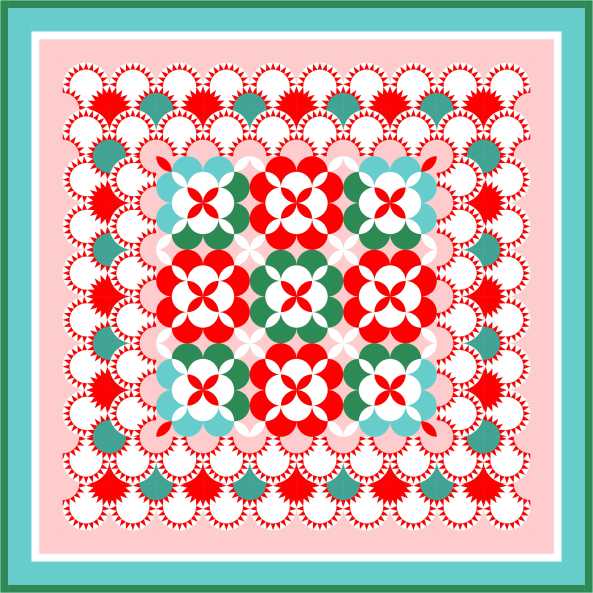 Inklingo Clamshell Rose 12 inch blocks with 6 inch Clamshell Pickle borders, Christmas coloring.
